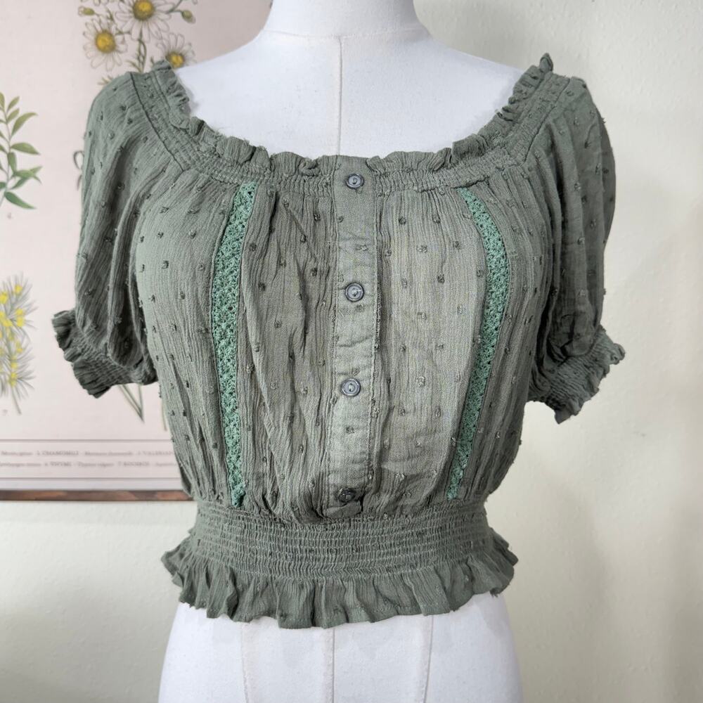 Swiss Dot Crochet Crop Peasant Top Cottage Prairie Fairy Grunge Boho Forest S
